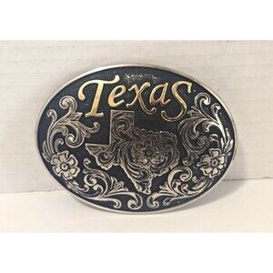 Nocona Texas State Oval Belt Buckle 37674 - Silver Tones, Floral Pattern 4" x 3"